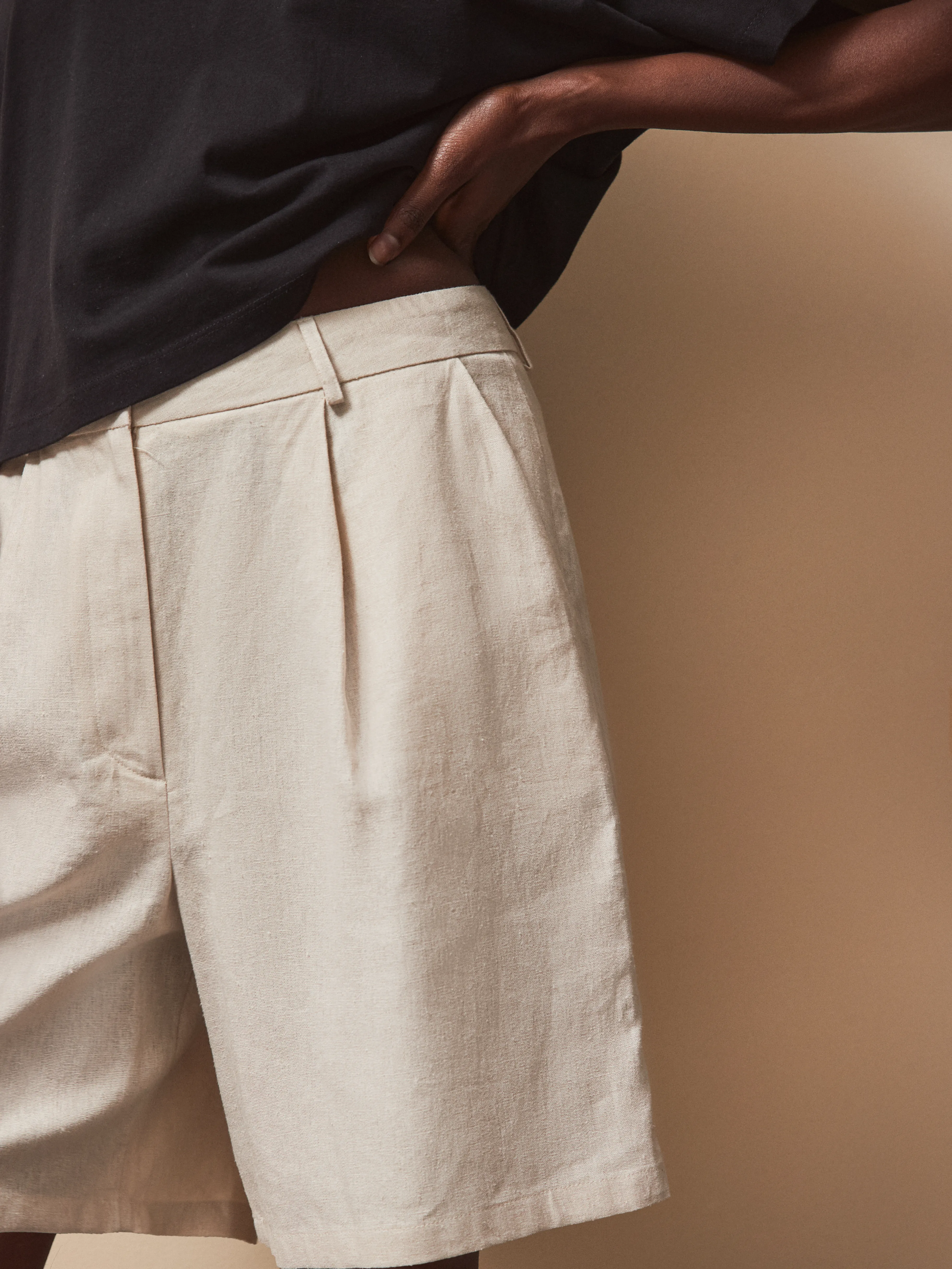 Ecru Linen-Blend Bermuda Shorts