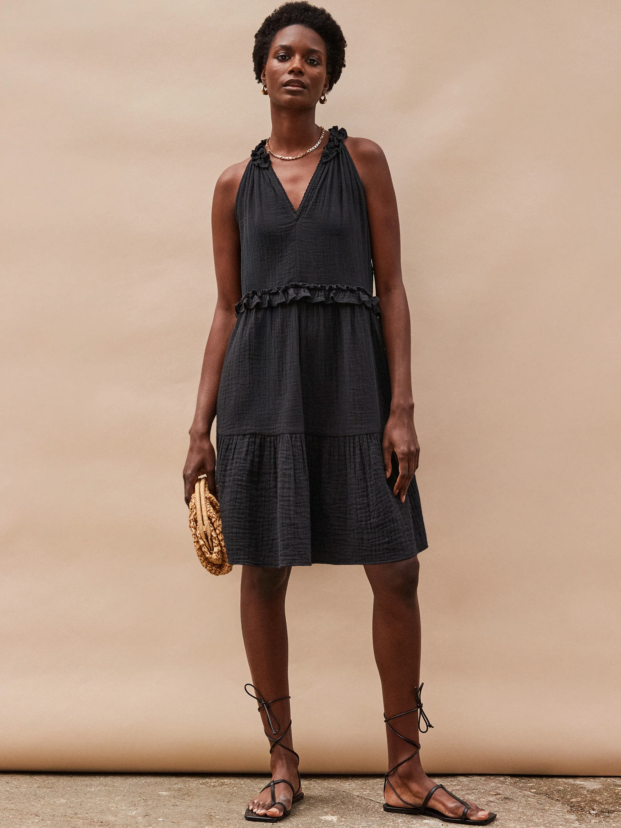 Black Frill-Detail Halterneck Cheesecloth Mini Dress