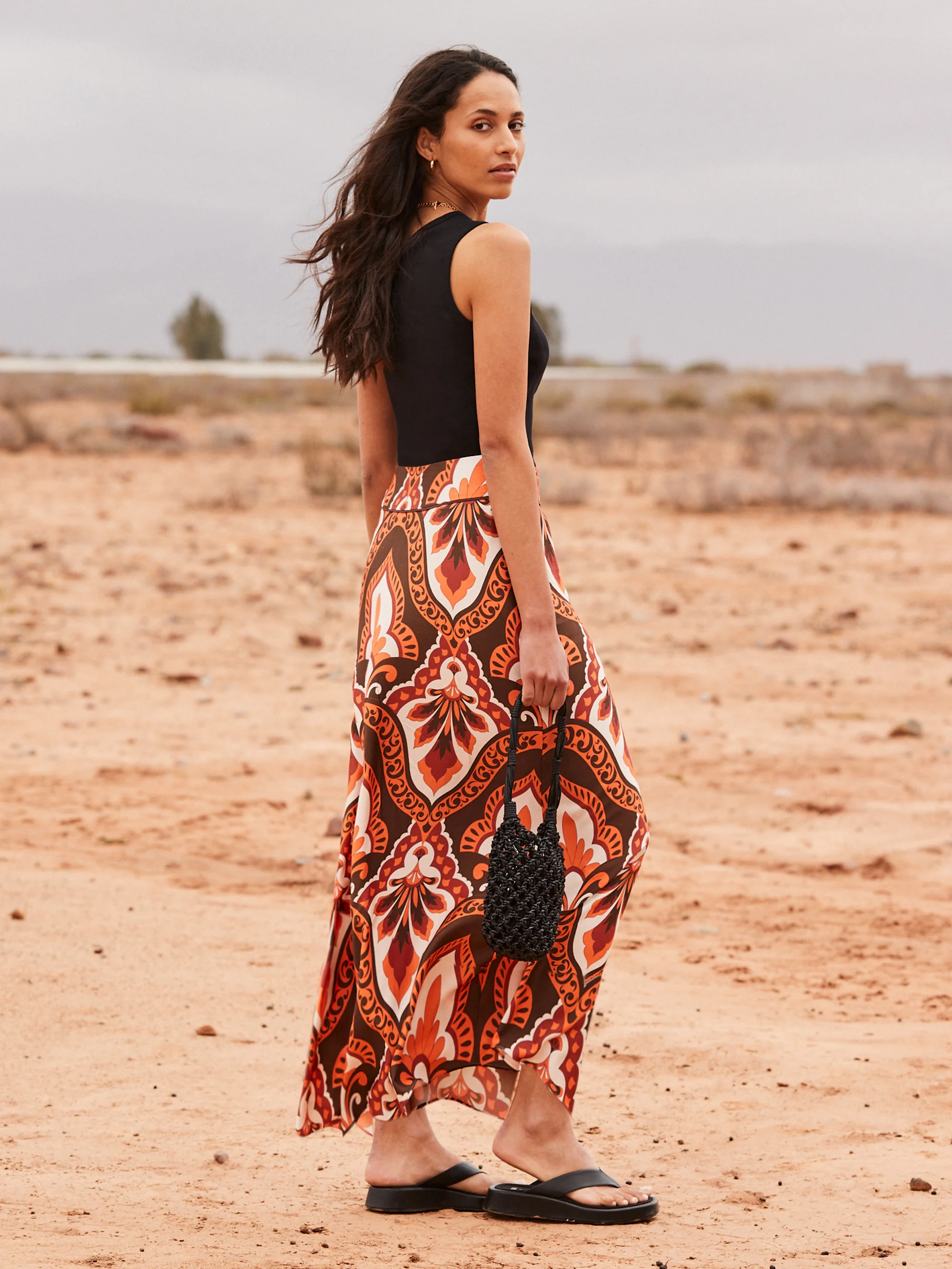 Brown Tile-Print Maxi Skirt
