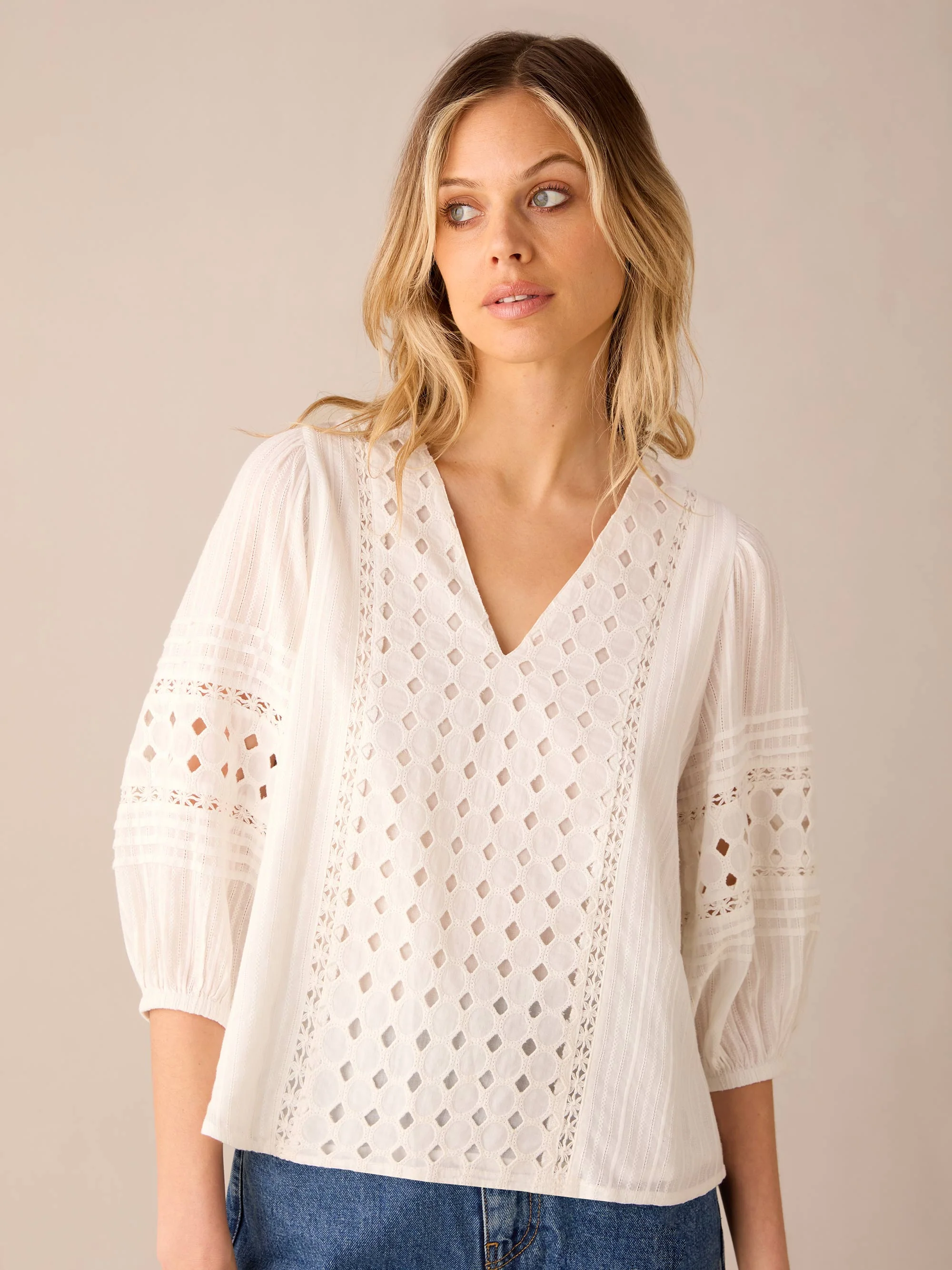White Broderie V Neck Top