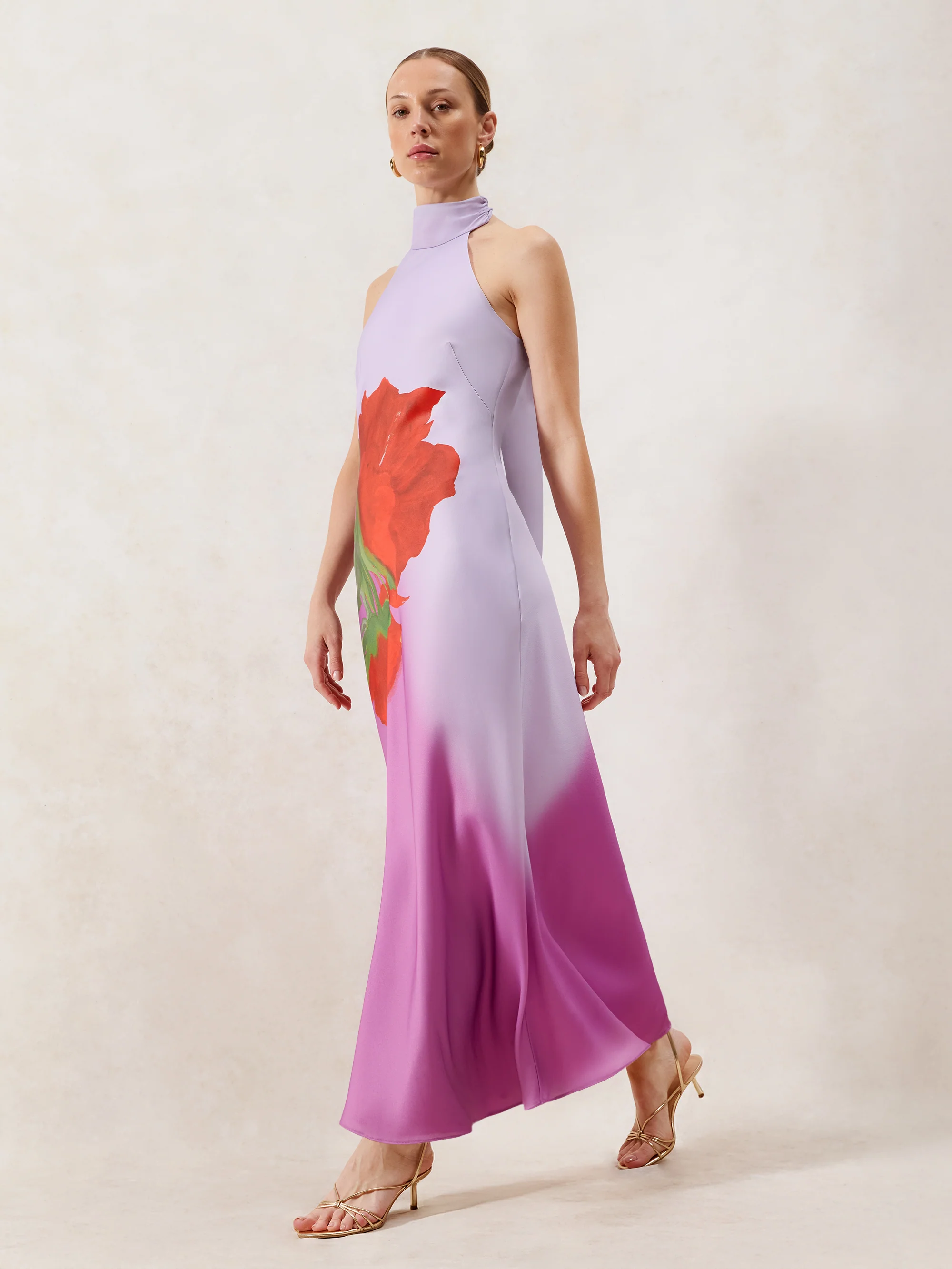 Margot Pink Rose Print Halter Neck Dress