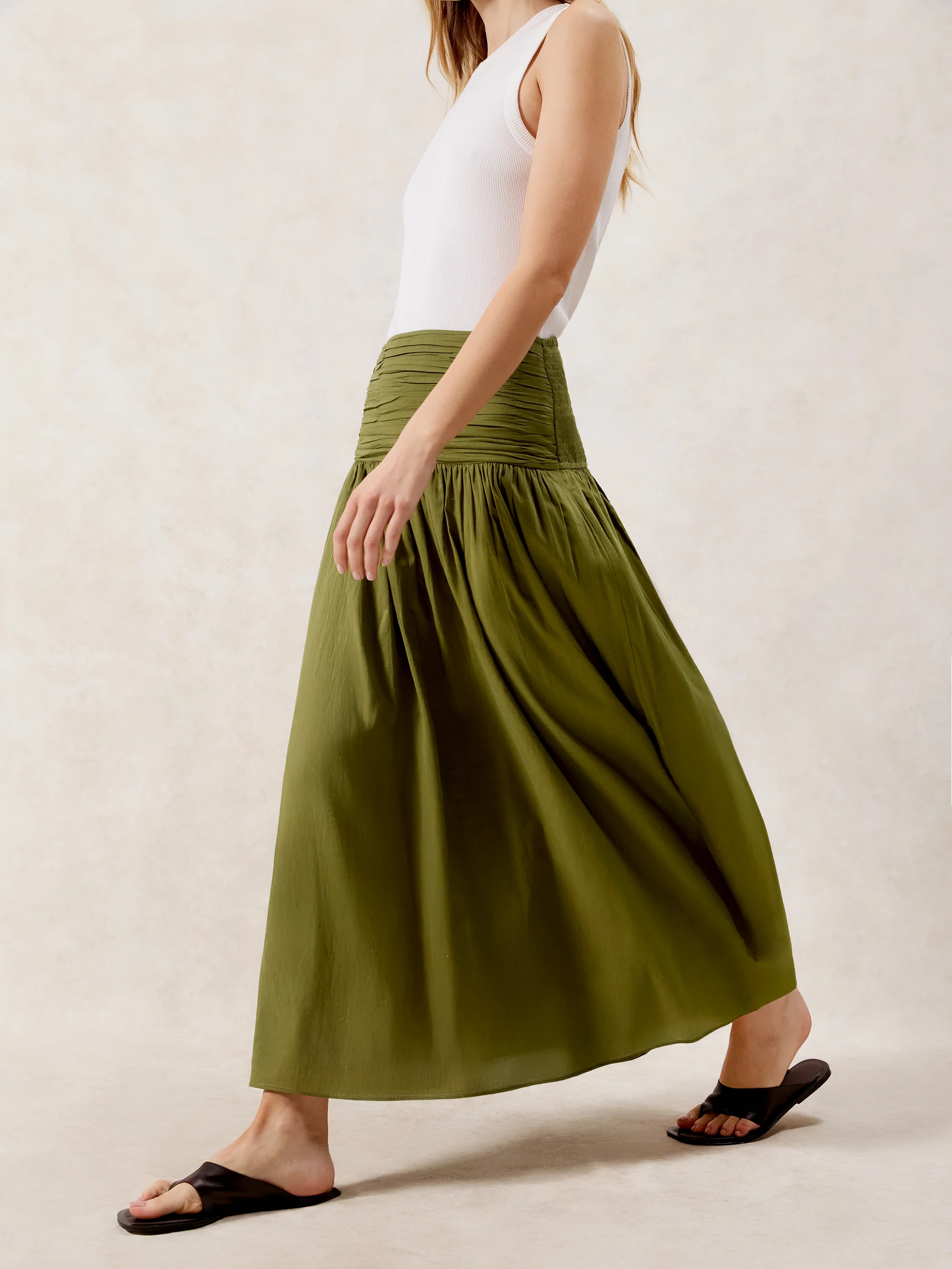 Khaki Ruched-Waist Cotton Maxi Skirt