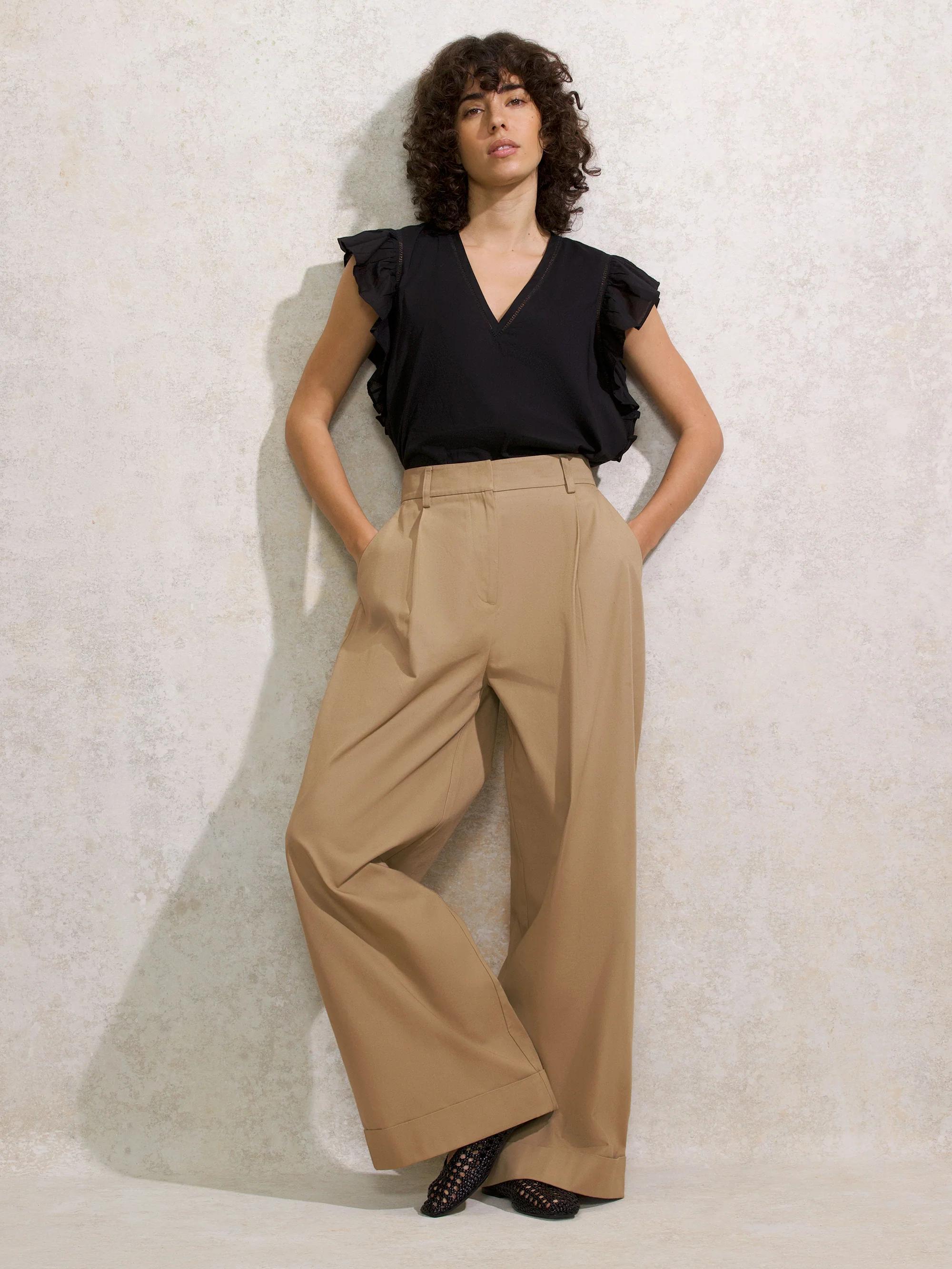 Beige High-Waist Turn-Up Cotton Trousers