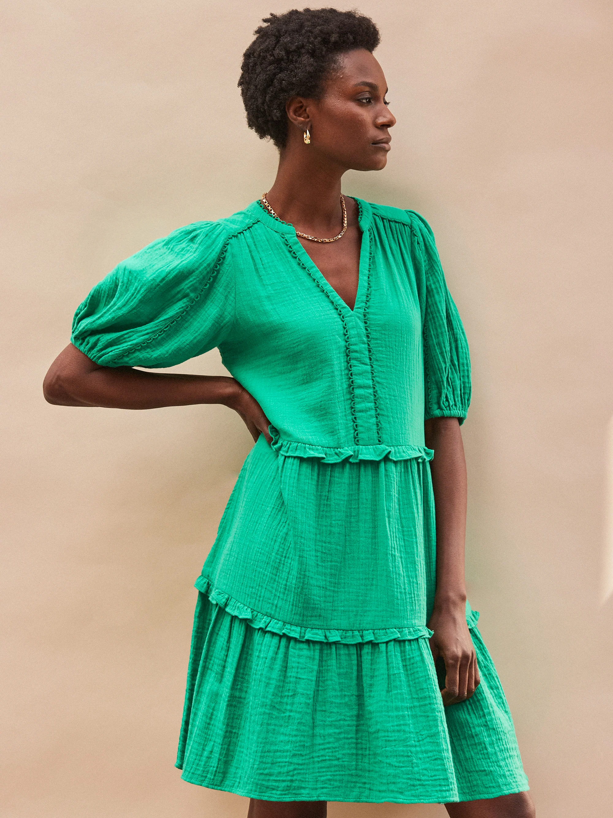 Green Frill-Detail Cheesecloth Mini Dress