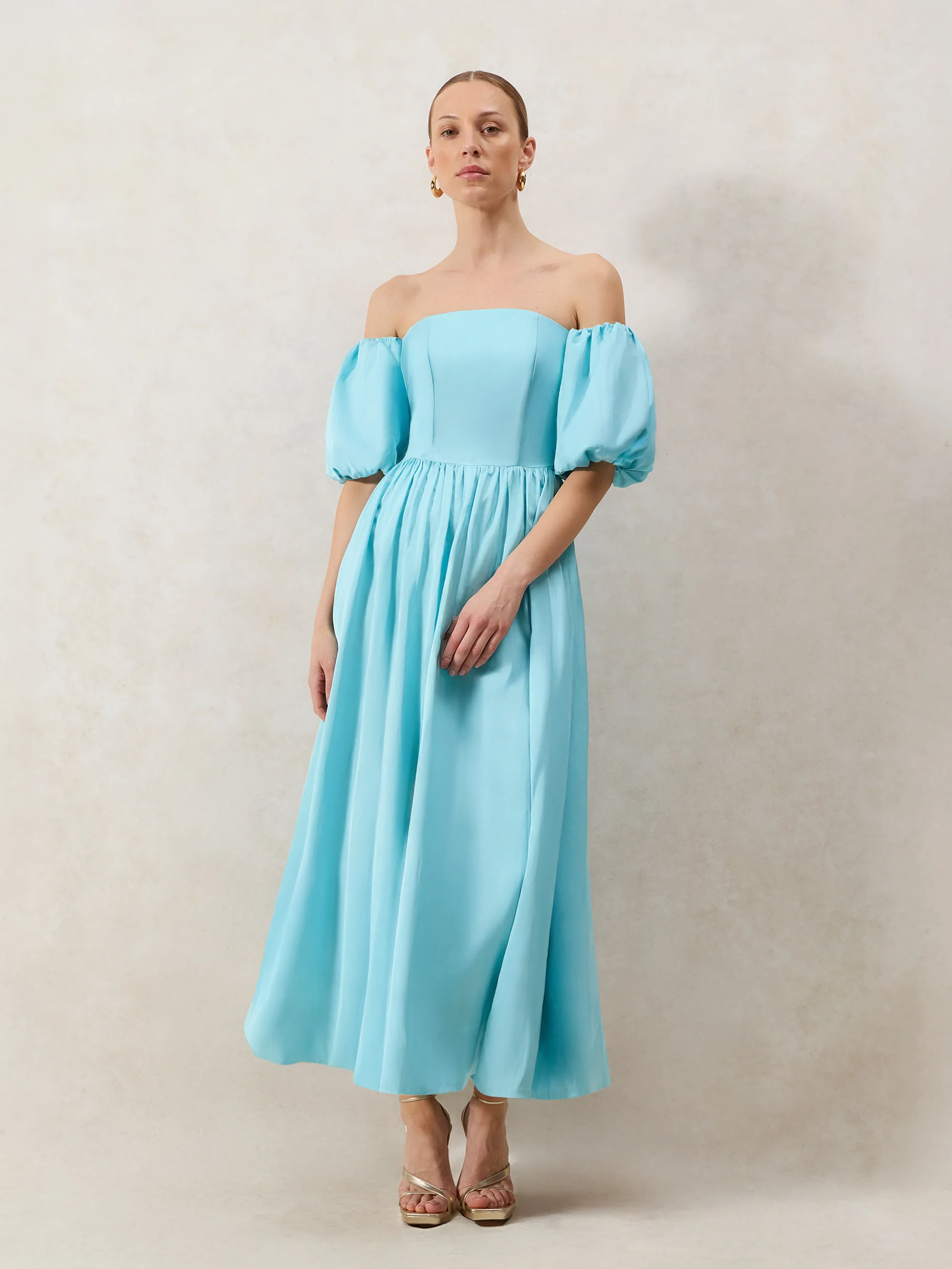 Alba Blue Bardot Puff Sleeve Maxi Dress