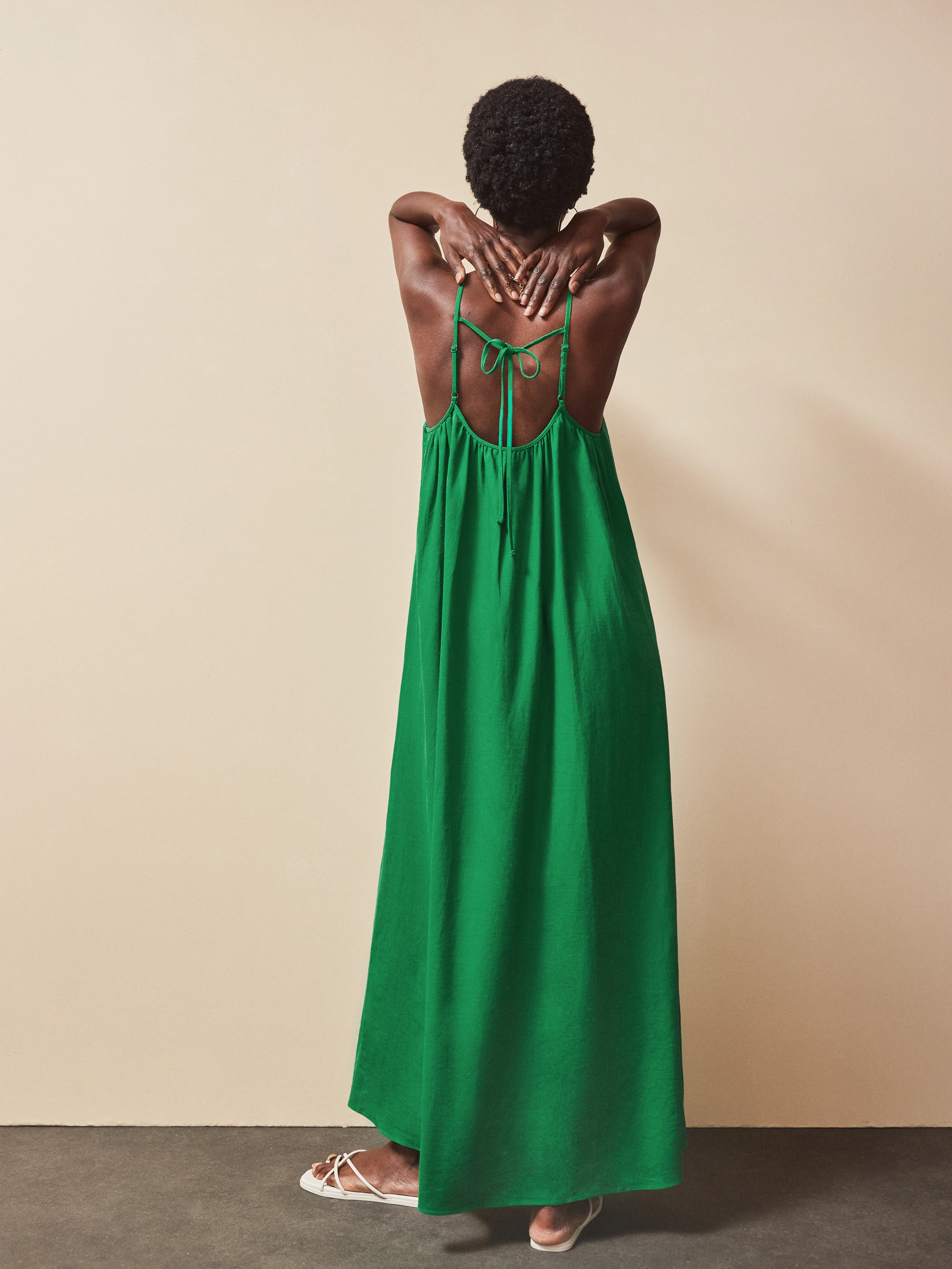 Green Linen Blend Tie Detail Maxi Dress