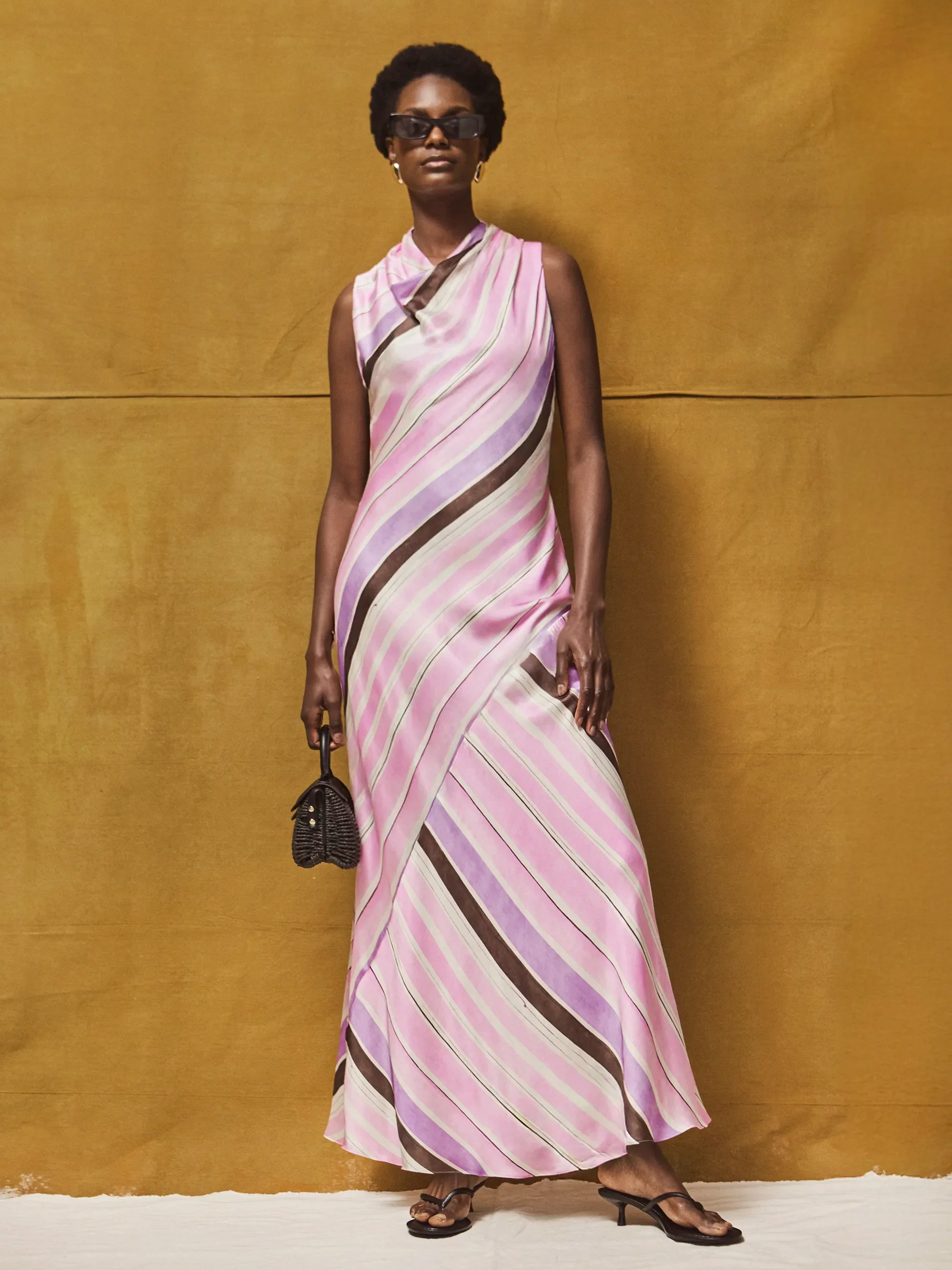 Petite Phoebe Pink Stripe Cowl Neck Satin Dress