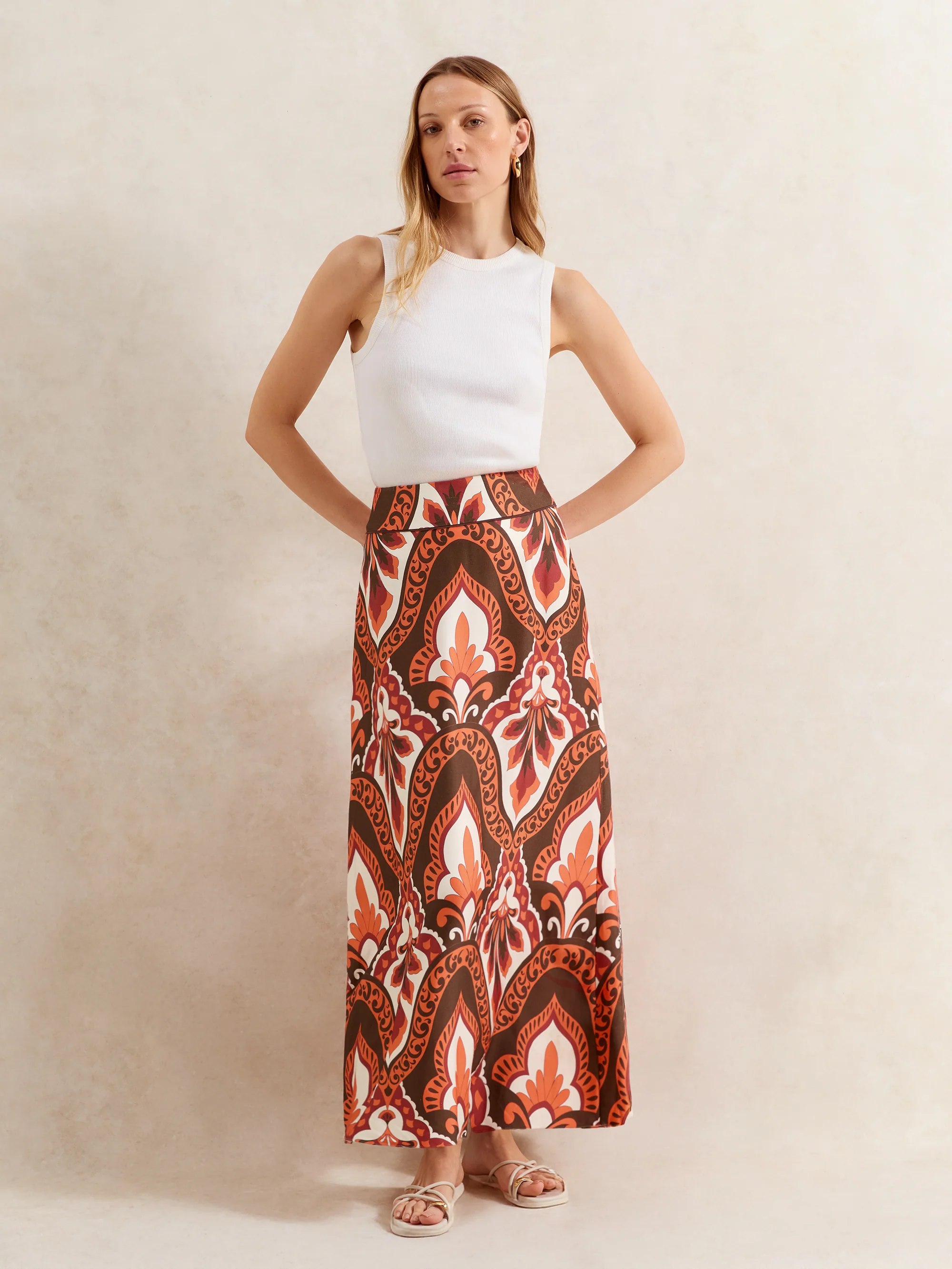 Brown Tile-Print Maxi Skirt