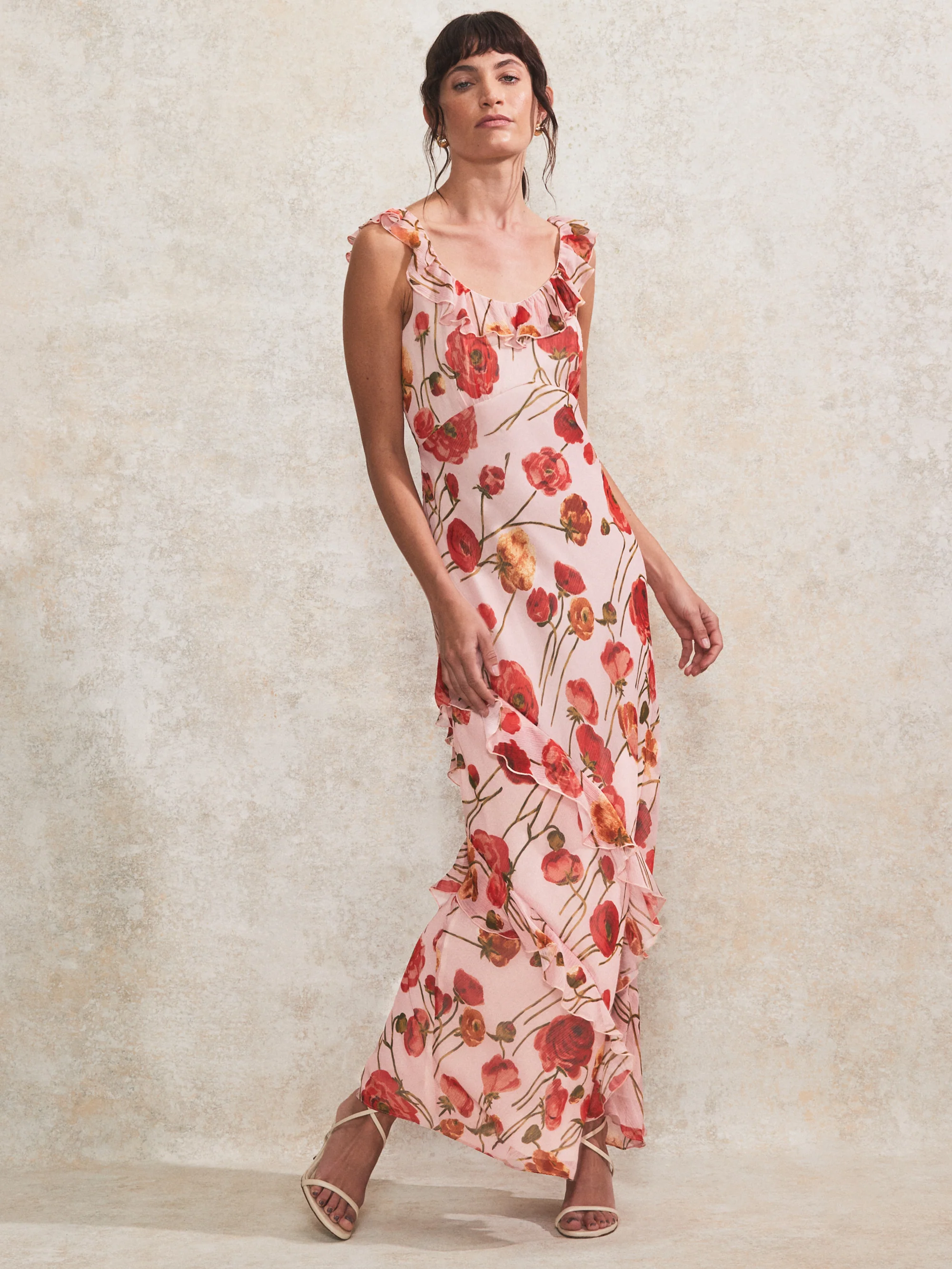 Rosie Pink Poppy-Print Ruffle-Detail Dress