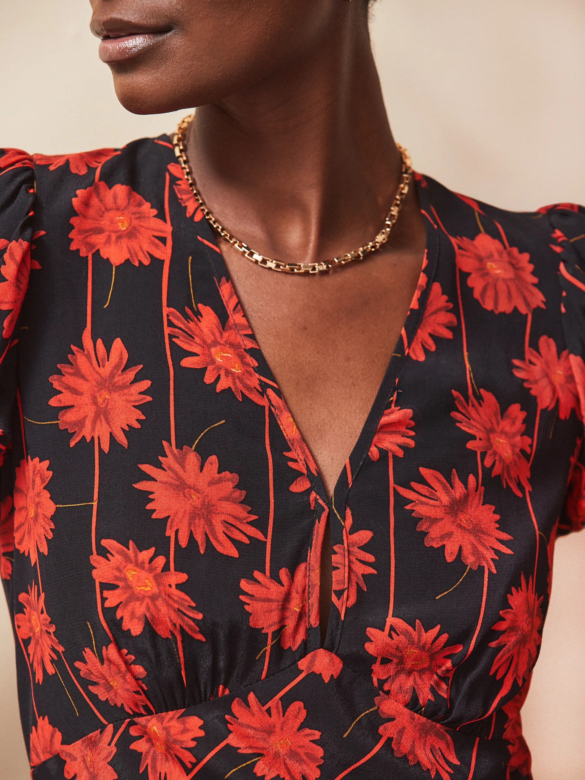 Petite Red Rose Stripe V Neck Dress