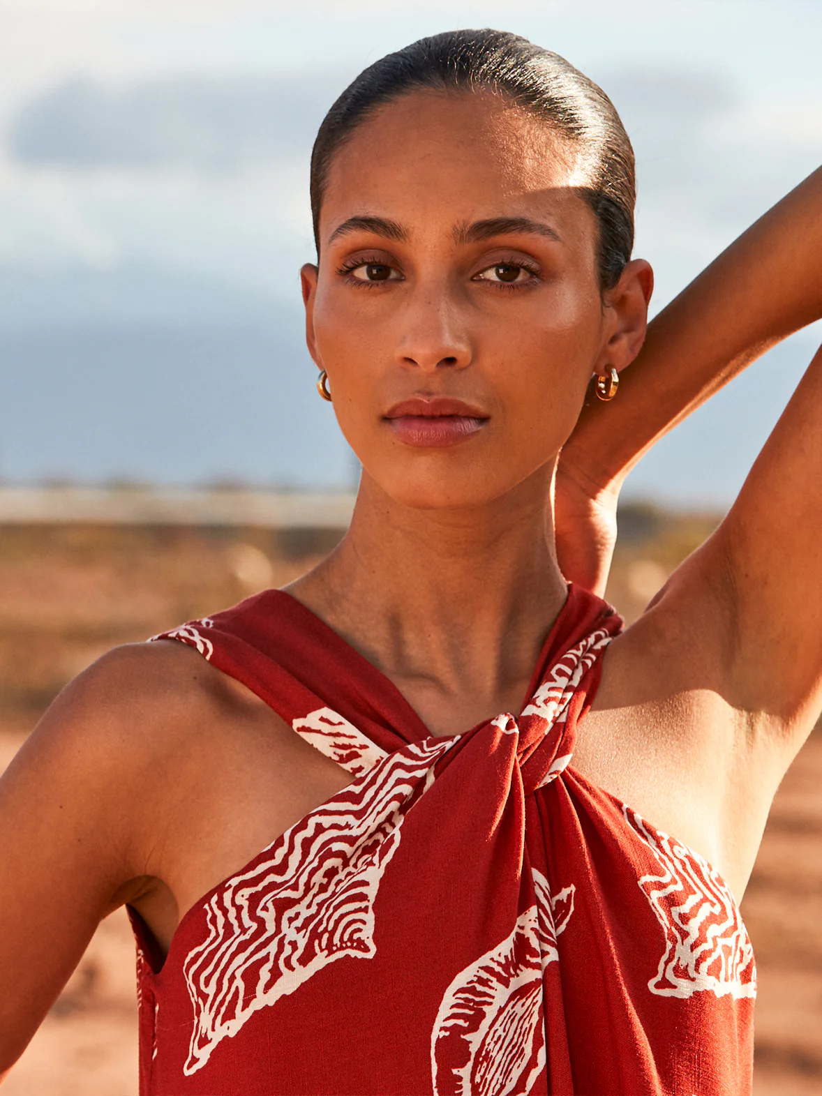 Rust Shell-Print Twist-Halterneck Dress