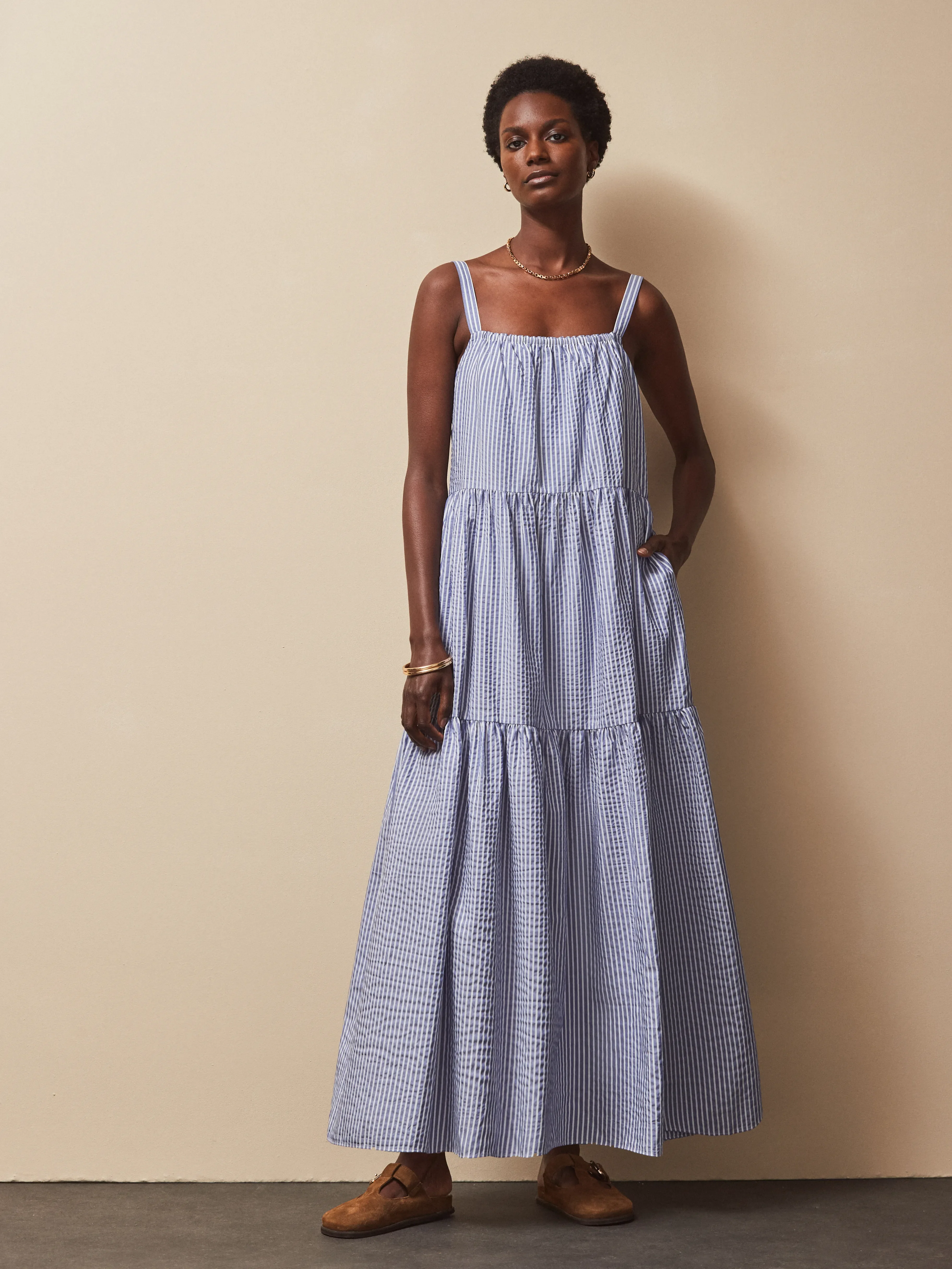 Blue Stripe Tiered Dress