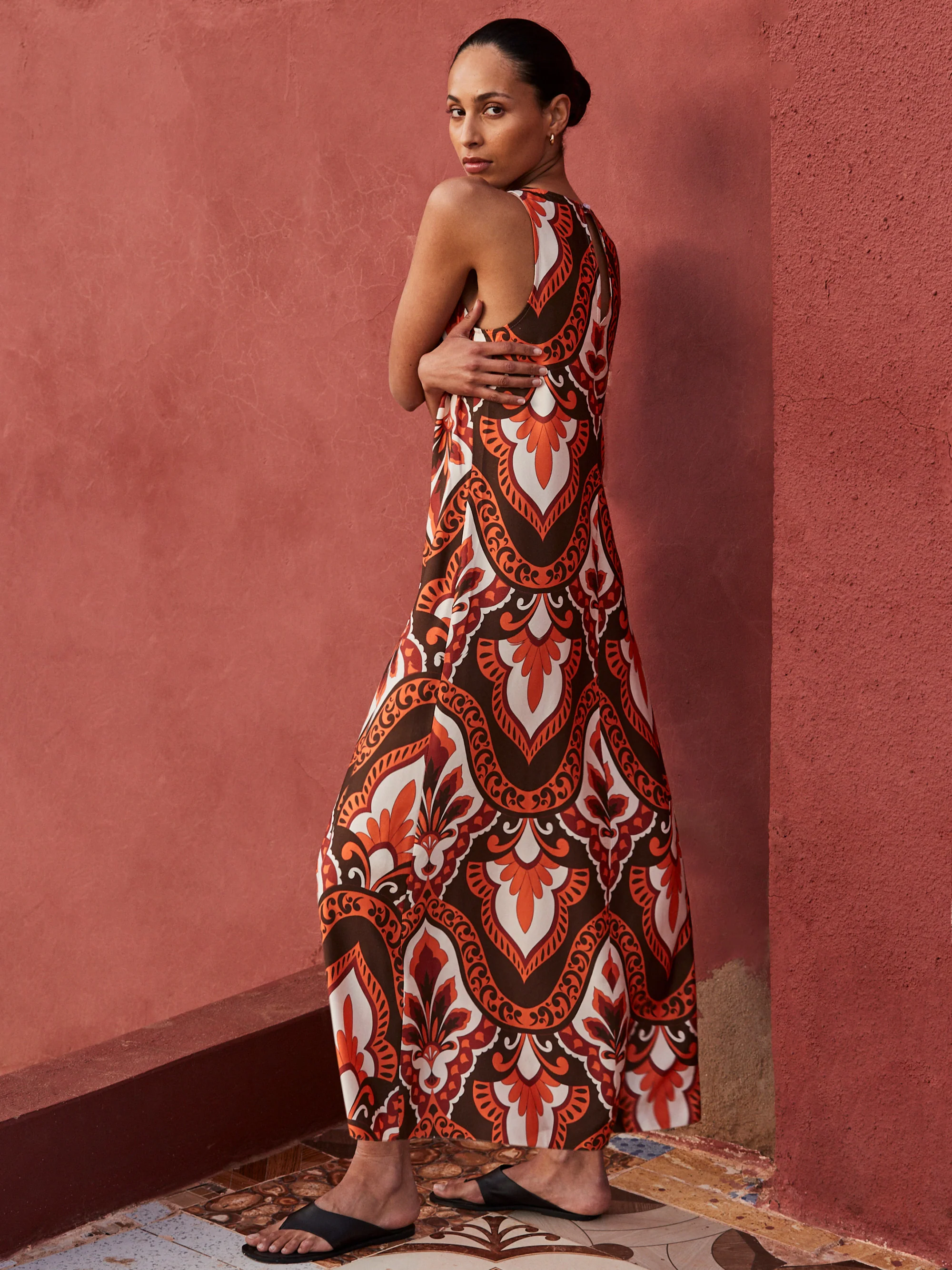 Brown Tile-Print Maxi Dress